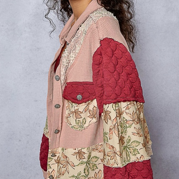 P59. NEW POL Quilted Lace Jacket Floral Pearls Balloon Sleeve Relaxed Fit Mauve - Picture 4 of 9
